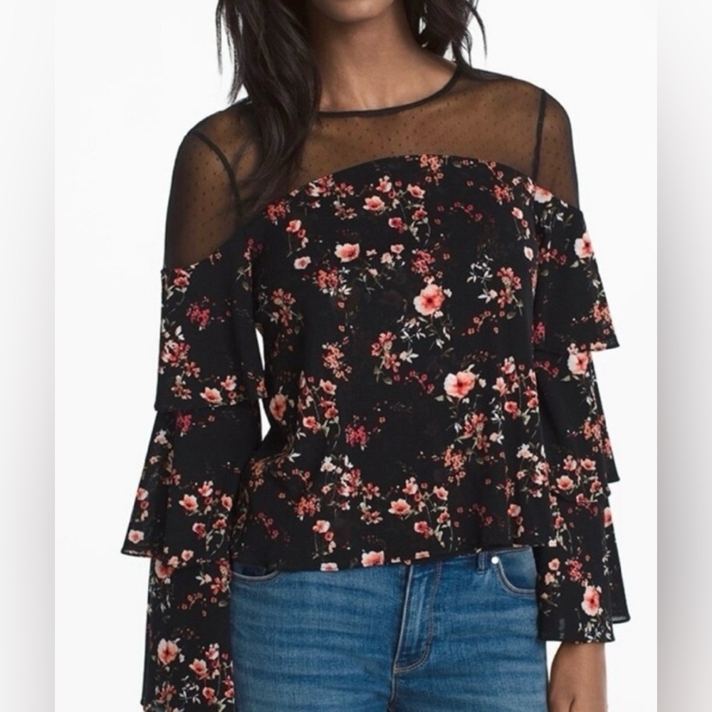 WHITE HOUSE BLACK MARKET WHBM Pink Black Floral Mesh Shoulder Tier Sleeve Blouse